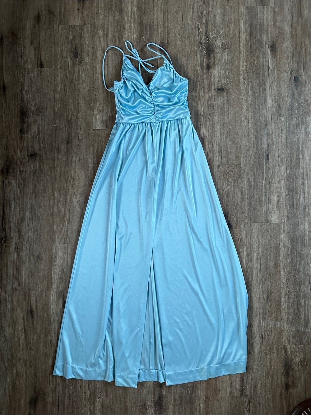 Light Blue Satin Maxi Dress with Spaghetti Straps